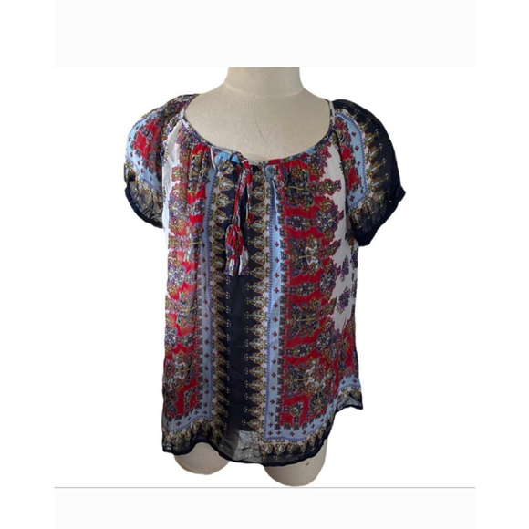 Bila sz XL Red Blue Multicolor peasant boho hippie 70s 80s sheer fairy blouse - Picture 1 of 6